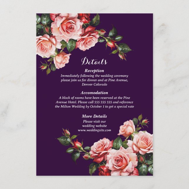 Dunkelbraunes Rosa und rote Rosen lila Hochzeit Begleitkarte (Vorderseite)