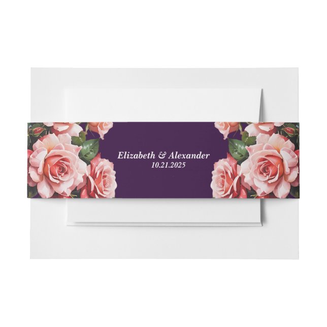 Dunkelbraunes Rosa und rote Rosen lila Hochzeit Einladungsbanderole (Vorderseite Beispiel)