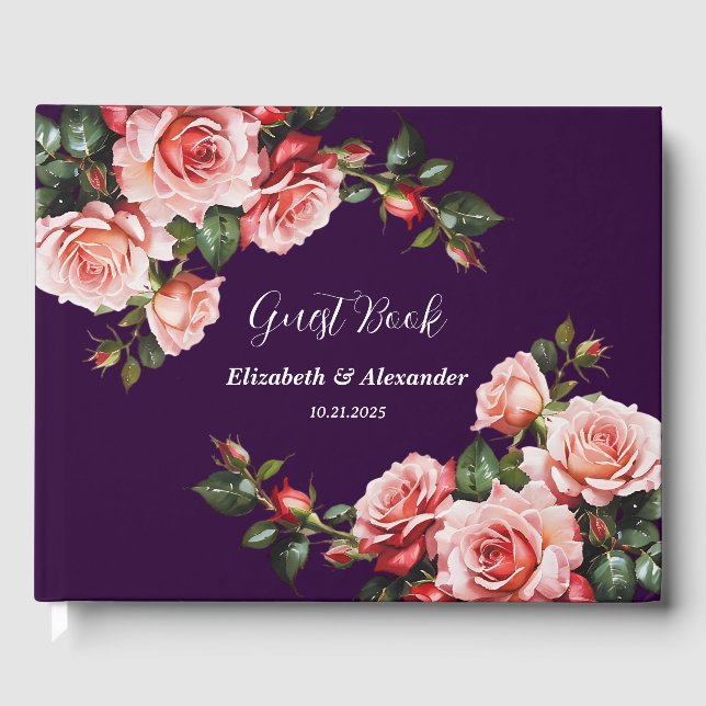 Dunkelbraunes Rosa und rote Rosen lila Hochzeit Gästebuch (Vorderseite)