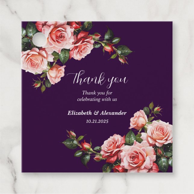 Dunkelbraunes Rosa und rote Rosen lila Hochzeit Geschenkanhänger (Vorderseite)
