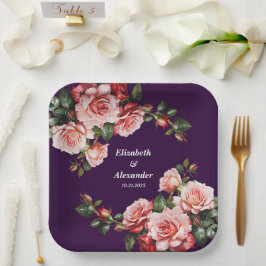 Dunkelbraunes Rosa und rote Rosen lila Hochzeit Pappteller