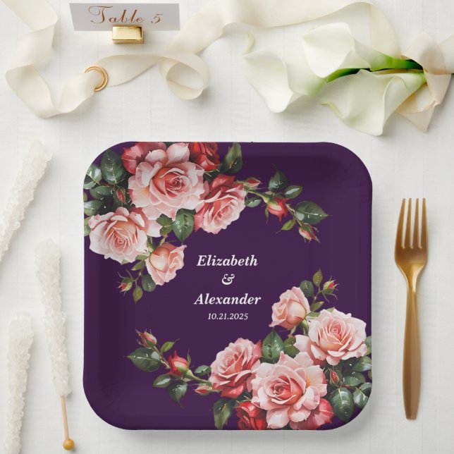 Dunkelbraunes Rosa und rote Rosen lila Hochzeit Pappteller (Hochzeit)