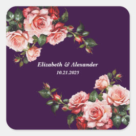 Dunkelbraunes Rosa und rote Rosen lila Hochzeit Quadratischer Aufkleber