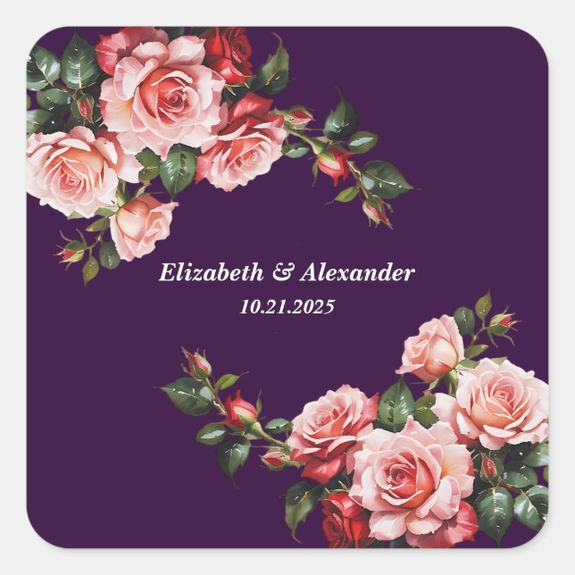Dunkelbraunes Rosa und rote Rosen lila Hochzeit Quadratischer Aufkleber (Vorderseite)