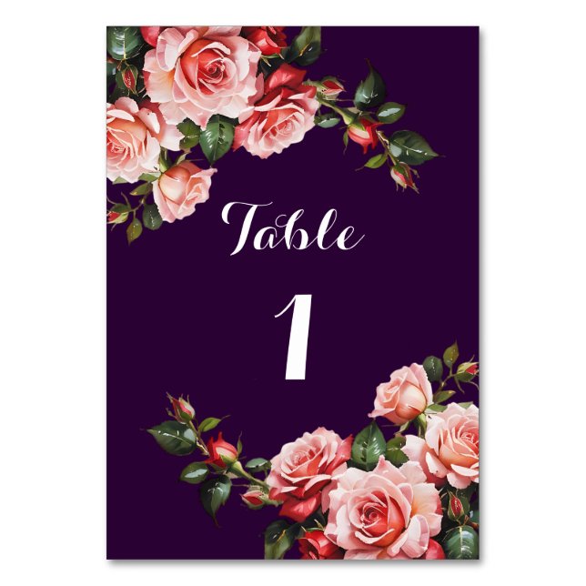 Dunkelbraunes Rosa und rote Rosen lila Hochzeit Tischnummer (Vorderseite)