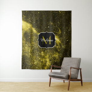 Dunkelgelbe abstrakte Galaxie Monogram Ping Po Wandteppich