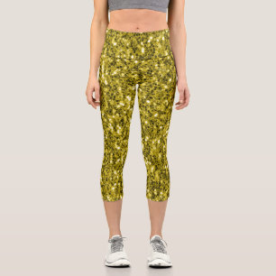 Dunkelgoldgelbe Imitate Glitzer Glitzern Capri Leggings