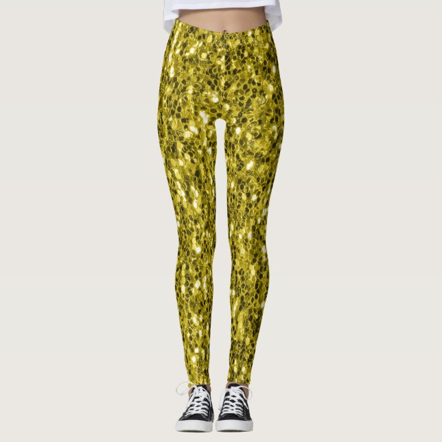 Dunkelgoldgelbe Imitate Glitzer Glitzern Leggings (Vorderseite)