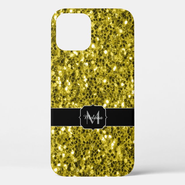 Dunkelgoldgelbe Imitate Glitzer Glitzern Monogram Case-Mate iPhone Hülle (Rückseite)