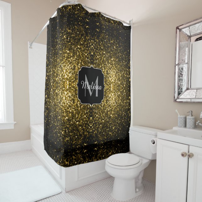 Dunkelgoldgelbe Imitate Glitzer Glitzern Monogram Duschvorhang (Beispiel)