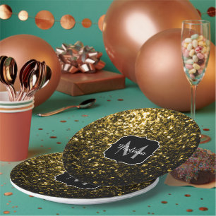 Dunkelgoldgelbe Imitate Glitzer Glitzern Monogram Pappteller