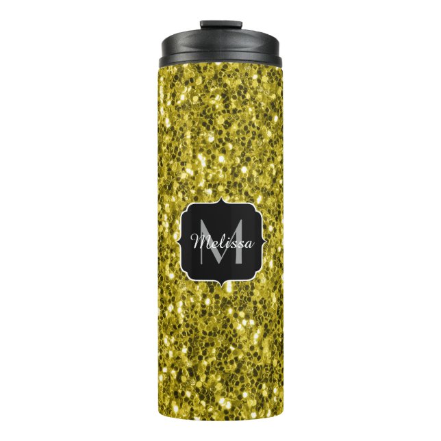 Dunkelgoldgelbe Imitate Glitzer Glitzern Monogram Thermosbecher (Vorderseite)