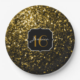 Dunkelgoldgelbe Imitate Glitzer Glitzern Sweet 16 Pappteller
