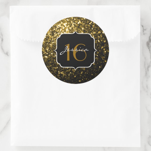 Dunkelgoldgelbe Imitate Glitzer Glitzern Sweet 16 Runder Aufkleber (Tasche)