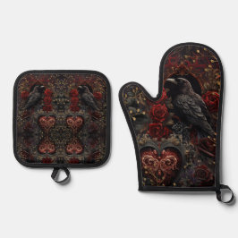Dunkelgotische Beauty-Rote Rosen Black Crow Raven  Ofenhandschuh & Topflappen-Set