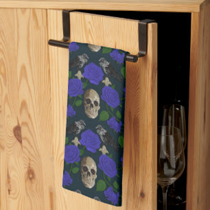 Dunkelgotische grungy Rose Vines Raven Skull blue Geschirrtuch