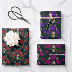 Dunkelgotische grungy Rose Vines Raven Skull Geschenkpapier Set