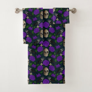 Dunkelgotische Grungy Rose Vines Raven Skull lila Badhandtuch Set