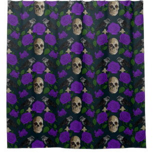 Dunkelgotische Grungy Rose Vines Raven Skull lila Duschvorhang