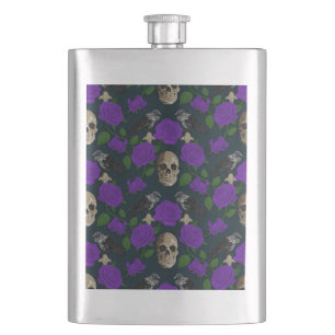 Dunkelgotische Grungy Rose Vines Raven Skull lila Flachmann