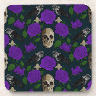 Dunkelgotische Grungy Rose Vines Raven Skull lila Getränkeuntersetzer