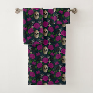 Dunkelgotische grungy Rose Vines Raven Skull pink Badhandtuch Set