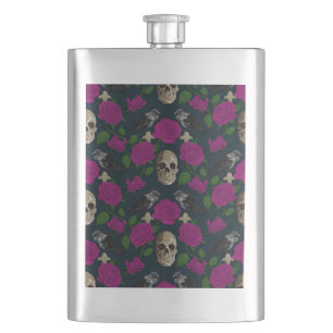 Dunkelgotische grungy Rose Vines Raven Skull pink Flachmann