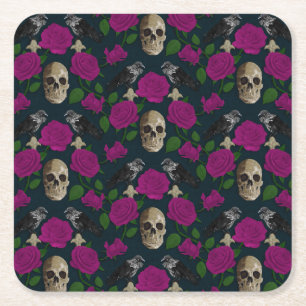 Dunkelgotische grungy Rose Vines Raven Skull pink Rechteckiger Pappuntersetzer