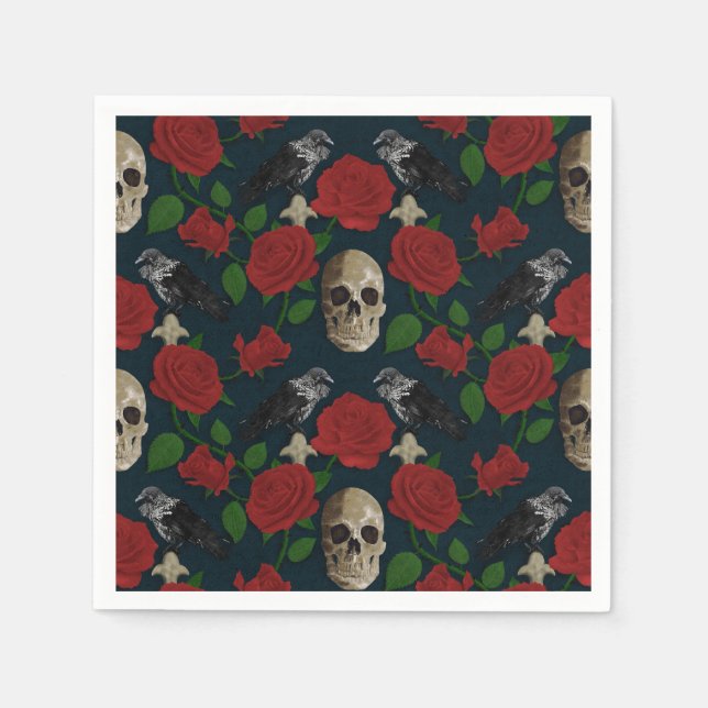 Dunkelgotische grungy Rose Vines Raven Skull rot Serviette (Vorderseite)