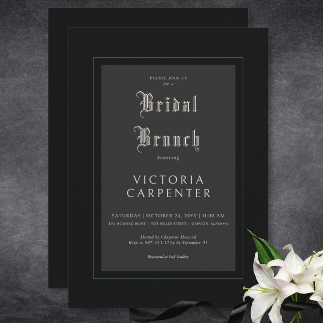 Dunkelgotische Minimal Black & Aquamarin Bridal Br Einladung (Dark Gothic Minimal Black & Teal Bridal Brunch Invitation)