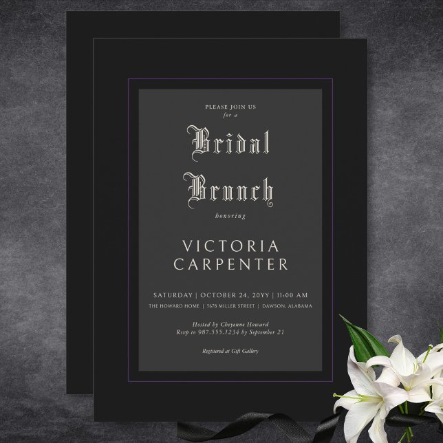 Dunkelgotische Minimal Black & Lila Bridal Brunch Einladung (Dark Gothic Minimal Black & Purple Bridal Brunch Invitation)