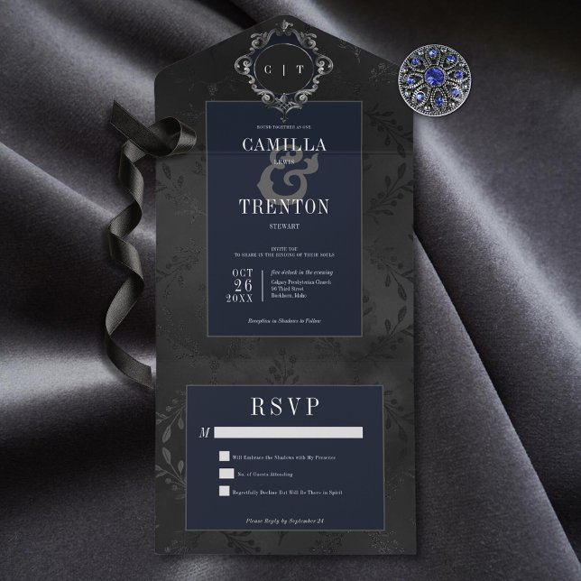 Dunkelgotische Schwarz & Blau Blumen Satin Kein Ab All In One Einladung (Also available with a QR code or with dinner selection options.)