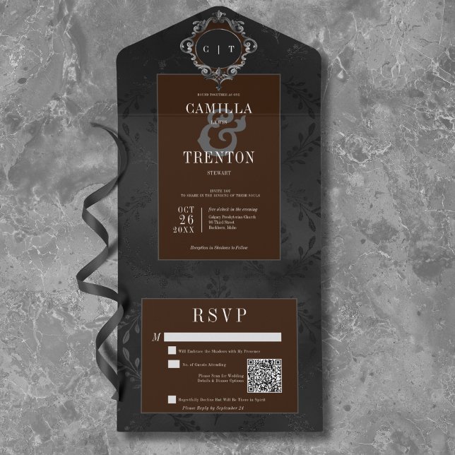 Dunkelgotische Schwarz-Braun-Blütensattel QR-Code All In One Einladung (Dark Gothic Black & Brown Floral Satin QR Code All In One Invitation)