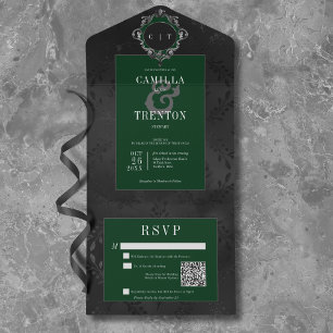 Dunkelgotische schwarz-grüne Blumenmatte QR-Code All In One Einladung