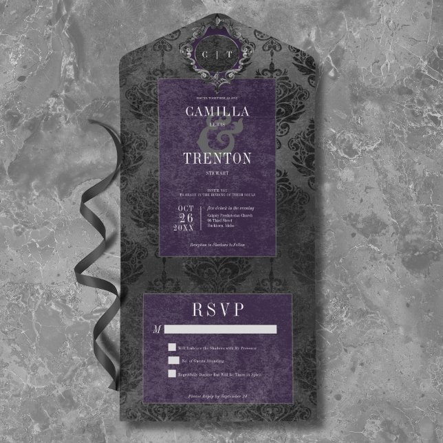 Dunkelgotische Schwarz & Lila Damaskus Kein Abende All In One Einladung (Dark Gothic Black & Purple Damask Dinner All In One Invitation)