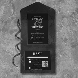 Dunkelgotische Schwarz-Schwarz-Schwarz-Flora-Satin All In One Einladung