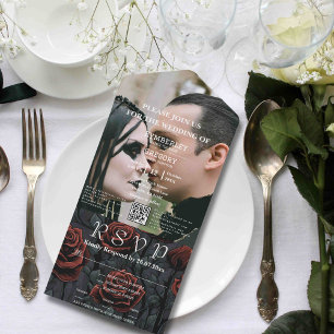 Dunkelgotische schwarze Rote Rose, florales QR-Cod All In One Einladung