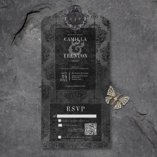 Dunkelgotischer schwarzer Damast QR-Code All In One Einladung