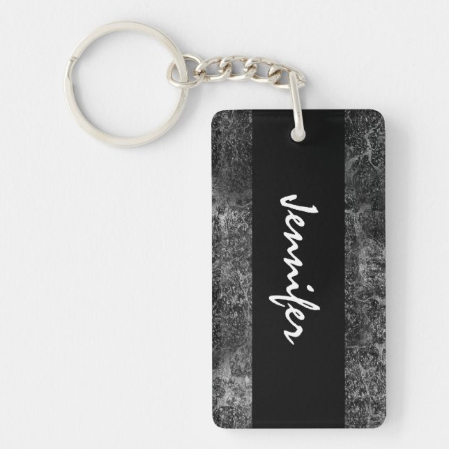 Dunkelgrau Grunge Damask Individuelle Name Schwarz Schlüsselanhänger (Vorderseite)