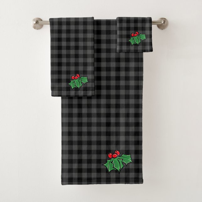 Dunkelgrau Kariert mit Holly Sprigs Badhandtuch Set (Insitu)