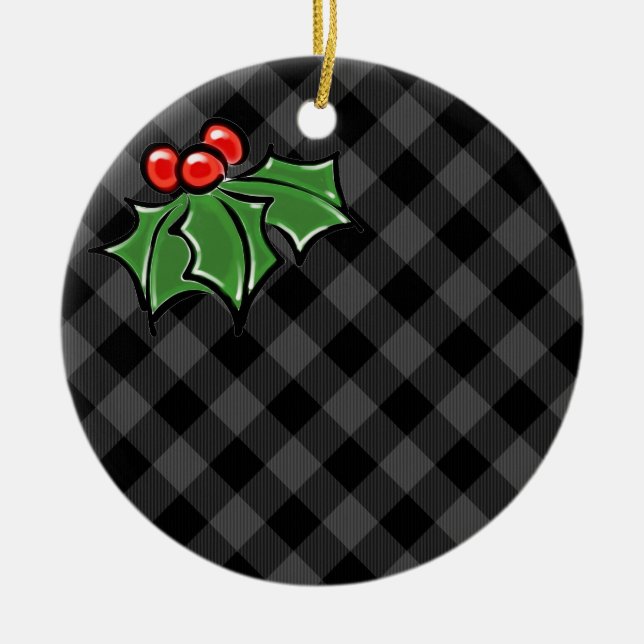 Dunkelgrau Kariert mit Holly Sprigs Keramik Ornament (Vorne)