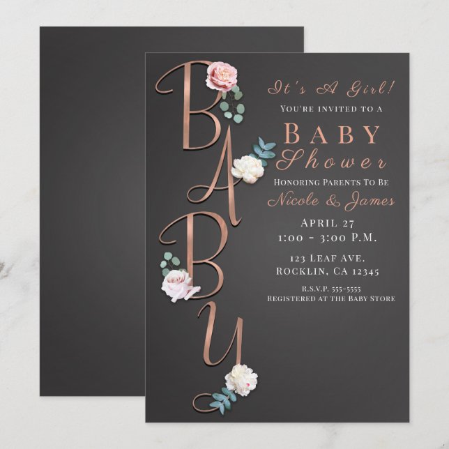 Dunkelgrau Moderne Blumenbaby-DuschTypografie Einladung (Vorne/Hinten)