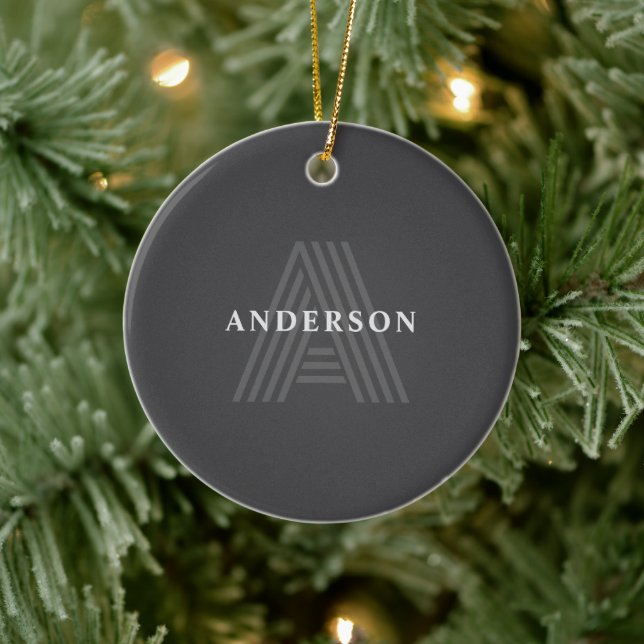 Dunkelgrau Retro Moderner Mit Monogramm Name Keramik Ornament (Baum)