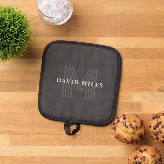 Dunkelgrau Retro Moderner Mit Monogramm Name Topflappen (Oben Unten)