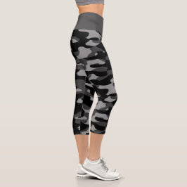 Dunkelgrau-Schwarz-Weiß-Camouflage-Muster Capri Leggings