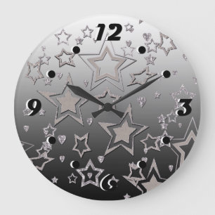 Dunkelgrau Schwarz-weißer Gradient ombre stars abs Große Wanduhr