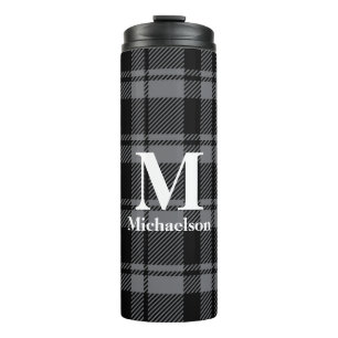 Dunkelgrau und Schwarz Kariert mit Monogrammname Thermosbecher
