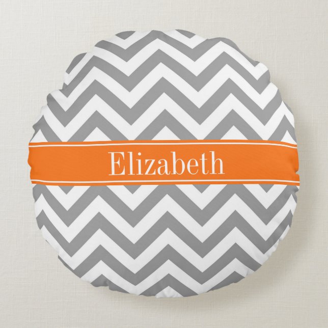Dunkelgrau Weiß LG Zickzack Pumpkin-Name Monogramm Rundes Kissen (Vorderseite)