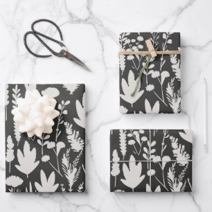 Dunkelgrau-weißes Kräuter-Pflanzenmuster Blumenmus Geschenkpapier Set