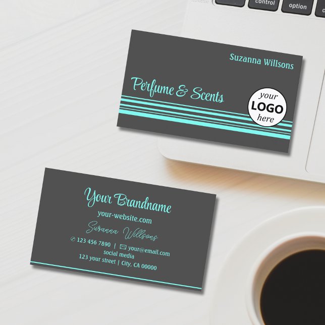 Dunkelgraue Aquamarine Streifen mit Logo Beruflich Visitenkarte (Von Creator hochgeladen)